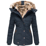 Warm Wool Collar Cotton Clothes Women Zipper Long Sleeve Hooded Cotton Coat