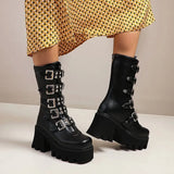Black High Barrel PU Artificial Thick Bottom High And Martin Boots After Zipper Large-Size Stage Women's