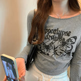 Print Pleated Long-Sleeved T-Shirt Women's New Autumn Design Short-Style Bottomed Shirt With