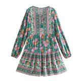 Queens Women Floral Print Tie Neck Elastic Waist Bohemian Mini Dress Ladies Long Sleeve Boho
