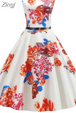 Print Vintage Dress Women Summer Pin Up Retro 50s Rockabilly Sleeveless A-Line Midi Party Dresses