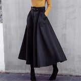 High Waist Skirt With Belt Mom Autumn Chic Single Breasted Pleated Long Maxi Skirt Women Korean Big Swing Umbrella