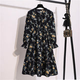 Women Casual Summer Dress Lady Korean Style Vintage Floral Printed Chiffon Shirt Dress Long Sleeve Bow Midi Summer Dress