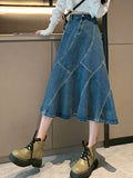 2022 Summer Korean Fashion Blue Denim Midi Long Skirt Women High Waist A Line Jeans Skirt