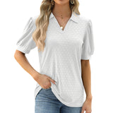Zingj / Summer 2024 New Lapel Solid Color Bubble Sleeve Short Sleeve Loose T-Shirt Women-Outfit