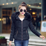 New Winter Dress Big Wool Collar Cotton-Padded Jacket Female Short Style Hooded Down Cotton-Padded Jacket Coat Fashion Slim Warm Cotton-Padded Jacket-Outfit