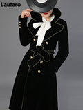 Spring Autumn Long Black Velvet Trench Coat for Women with Gold Trim Sashes Double Breasted Luxury Designer Fashion