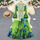 Zingj Luxury Retro French Round Collar Lantern Long Sleeve Print Dress Women's Belt With Loose Waist Show Thin Pleated