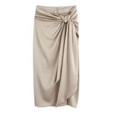 Women Fashion With Knotted Gathered Front Slit Midi Skirt Vintage High Waist Back Zipper Female Skirts