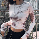 Dye Print Ribbed Women T Shirt Crop Top Bandage Long Sleeve Sexy Streetwear Summer Clothes