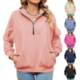 Zingj New Standing Collar Zipper Pocket Solid Color Long Sleeve Casual Hoodie Woman-Outfit