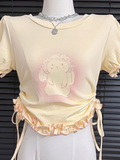 Cartoon T-shirt Bandage Harajuku Slim Waist Tunic Crop Top Women 2024 Summer All Match Sweet Cute Y2k Aesthetic