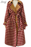 Autumn Winter Long Thickened Warm Red Tweed Woolen Coat Women Sashes Double Breasted Luxury Designer Runway Fashion