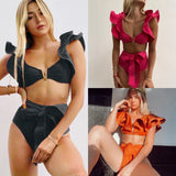 2025 New Solid Color Split Body Swimsuit Female Heavy Industry Pressure Line Lotus Edges Sexy Bikini
