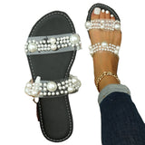 Version Of Large-Size Pearl Flat-Bottomed Flip-Flops Women Wearing Sweet Transparent With Flat And Cold