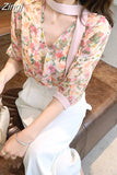 Floral Print Chiffon Blouse Women Korean Elegant Bow Tie Scarf Collar Sweet Shirts Loose Casual Short Sleeve Tops