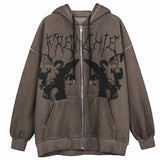 Angel Print Oversized Hoodies Female Zip Up Long Sleeve Women's Sweatshirt Y2K Aesthetic Autumn Winter Grunge