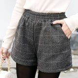 Sale Shorts Women Elastic Waist Plaid Pockets Winter Thicker Fashion Retro Harajuku Elegant Korean Style Loose Chic Ins