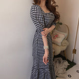 Style High Waist Red Plaid Vintage Mermaid Dress Women Elegant Puff Sleeve Midi Holiday Clothes Korean Fashion