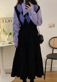 French Vintage Knitting Midi Dress Women Black Loose V-neck Long Sleeve Dress Elegant Office Lady Turn-down Collar