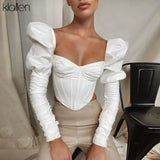 2021 Spring Fashion Elegant Puff Sleeve Square Collar T Shirt Women Skinny Casual Streetwear Crop Corset Top