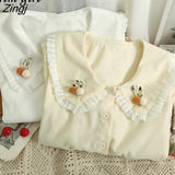 Embroidered Flowers Shirt Women Korean Peter Pan Collar Lolita Blouses Elegant Long Sleeve Single Breasted Blusas
