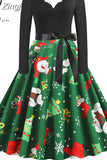 Women Winter Christmas Dress Vintage Santa Printed V-Neck Long Sleeve Swing Sexy Xmas Party Festival Dress