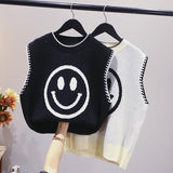 smiley jacquard round neck sleeveless knitted vest loose sweater Korean pullover blouse women casual