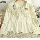 Embroidered Flowers Shirt Women Korean Peter Pan Collar Lolita Blouses Elegant Long Sleeve Single Breasted Blusas