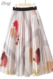 Spring Summer Fashion Midi Long Pleated Skirt Women Striped Print Elegant Chic Casual High Waist A Line Skirts