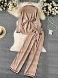 Fashion Sweater Two Pieces Sets Ladies Long Sleeve Knit Cardigan+Wide Leg Long Pant Sets Women OL Loose Knitted
