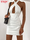 Sexy Halter White Dress Woman Summer Bodycon Sleeveless Hollow Out Mini Dress Ladies Elegant Slim Backless Party