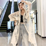 Summer New Mesh Lace Embroidery Coat Sun Protection Shirt Seaside Vacation Lace-up Long Cardigan Coat Hooded Women