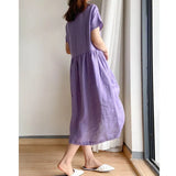 Cotton Linen Loose Dress Summer Fashion Female O-Neck Short Sleeve Solid Color Knee Length Sweet