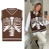 Autumn Winter Print V Neck Knitted Jumpers Casual Long Sleeve Harajuku Sweater Women Streetwear Pullover Female