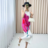 Folded Mountain Tea Printed Sleeveless Dress Female High-End Temperament Slim Thin Round Neckless Vest