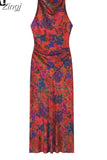 Print Floral Dress Woman Summer Long Dresses For Women 2023 Vintage Sleeveless Midi Dress Ruched Elegant Party