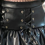 Lace up short black leather skirt women high waist Mini tiered ruffle skirt vintage gothic faux leather skirts 2023