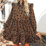 PETAL Leopard Print Ruffled Mini Dress For Women Sexy Mock Neck Long Sleeve Loose Dresses 2023 Autumn Winter Female