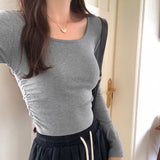 Girls' Short U-Collar Bottomed Shirt Women's Early Autumn New Long-Sleeved T-Shirt With A Shoulder Blouse Inside The