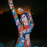 Women Fashion Long Sleeve V Neck Printed Bodycon Mini Dress 2022 Spring Autumn Clothes Wholesale Items