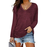 Zingj New 2023 Autumn / Winter 2023 Women's V-Neck Pleated Long Sleeve T-Shirt Solid Color Loose Casual Top-Outfit