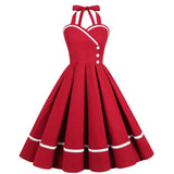 Women Summer Elegant Halter Sexy Party Pleated Dress Pinup Casual Solid Vintage Swing 50s 60s Retro Rockabilly Dresses