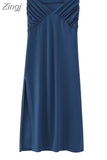 Ruched Long Skirts For Women Fashion 2023 Nvay Blue High Waist Skirt Woman Summer Midi Slit Skirt Elegant Women's
