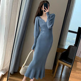 Elegant Mermaid Sweater Long Dress Women Vintage V-neck Knitted Warm Y2K Dress Korean Casual Chic Dress for New Year