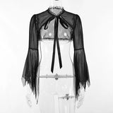 Dark Style Short-Style Perspective Blouse Women's Lace Spliced Tie-Up Burnt Cuff Blouse From