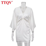 Elegant Deep V-neck White Satin Summer Dress Woman Bodycon Half Sleeve Hollow Out Mini Dress Lady Sexy Silky Party