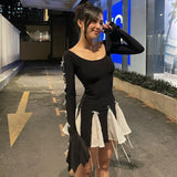 Black Long Sleeve White Frill Patchwork Bow Mini Dress-Outfit