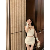 Hot Girl Suit Women's Spring Slim Fit Halter Neck Tank Top High Waist Wrap Hip Skirt Two-piece Set Fashion Female