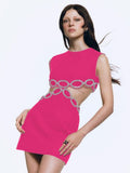 O Neck Sleeveless Cut Out Diamond Bandage Dress Women Black Backless Luxury Diamond Mini Bodycon Dress Evening Club